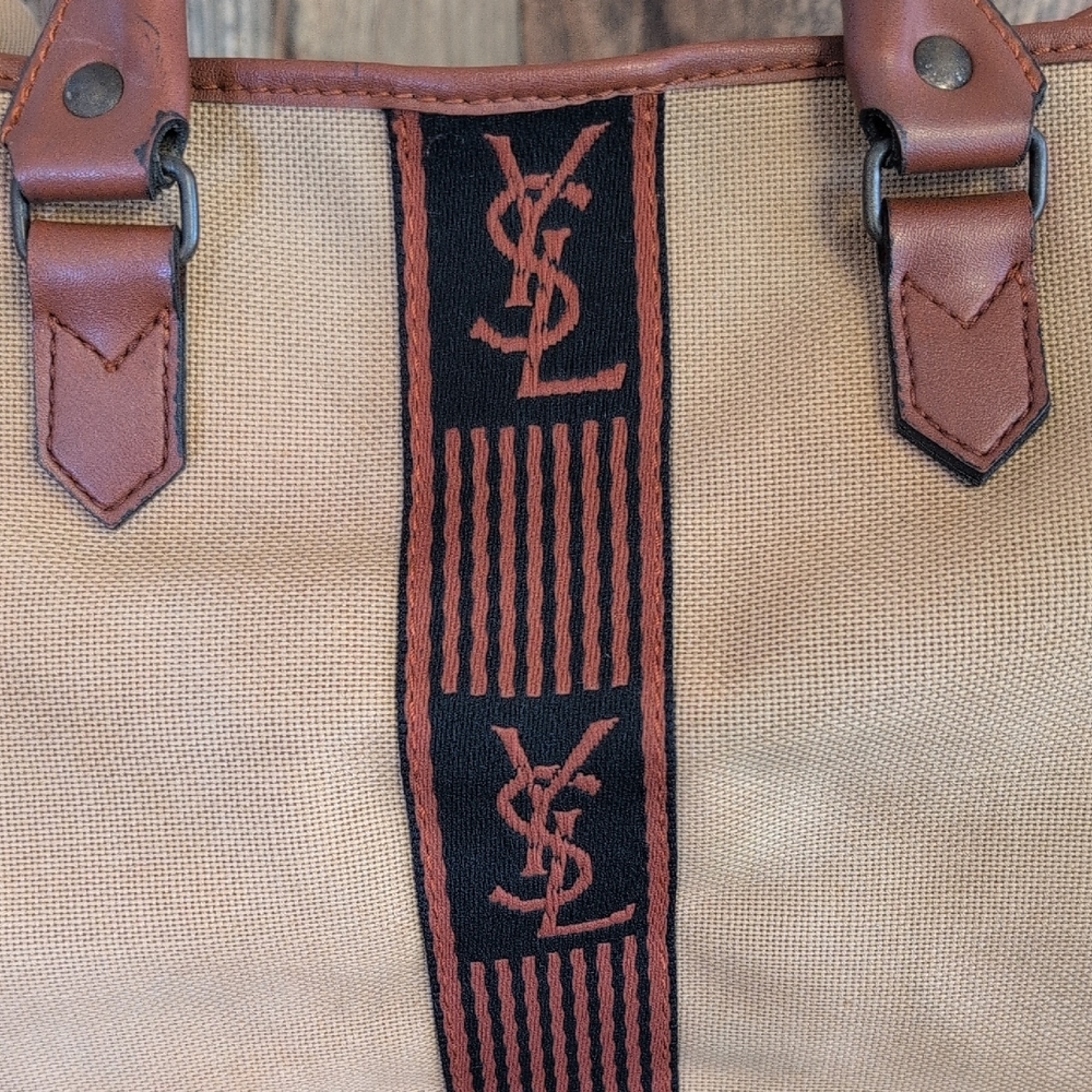 YSL Yves Saint Laurent Vintage Canvas Mini Boston Brown Leather Trim HandBag - Picture 12 of 13